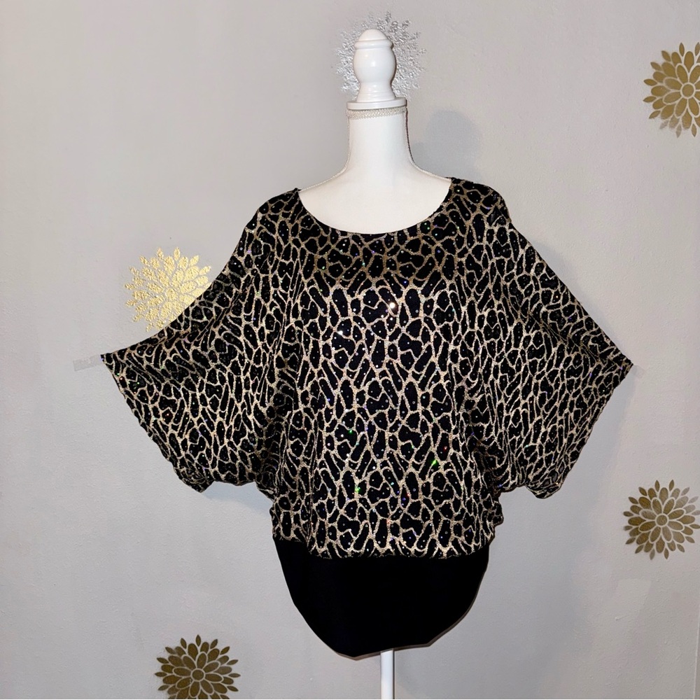 Catos Women’s Plus‎ 18/20 Black Gold Metallic Top Leopard Print Dolman Sleeves